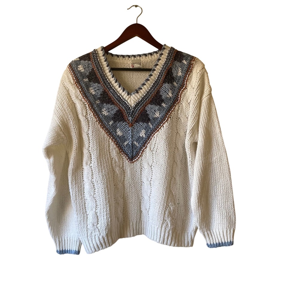 Vintage Hastings Smith Cable Knit V Neck Geometric Pattern Sweater Womens Medium